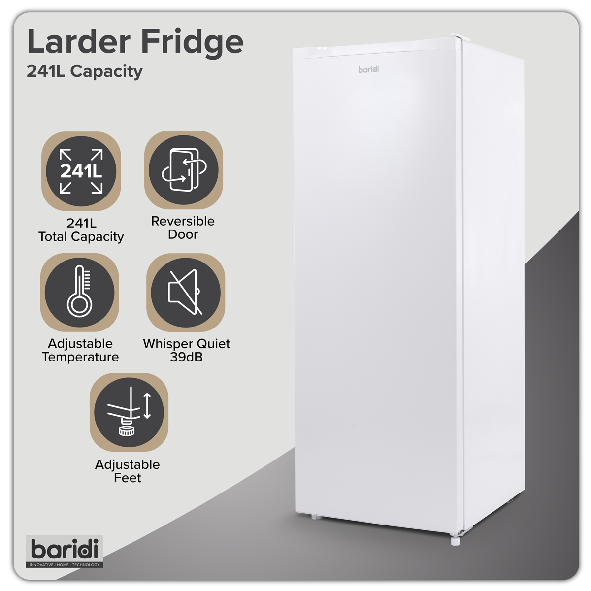 Baridi DH322 Freestanding Larder Fridge 241L - White - additional view 2