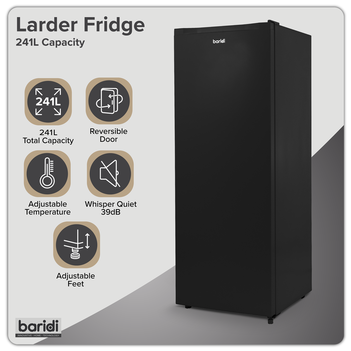 Baridi DH323 Freestanding Larder Fridge 241L - Black - additional view 13