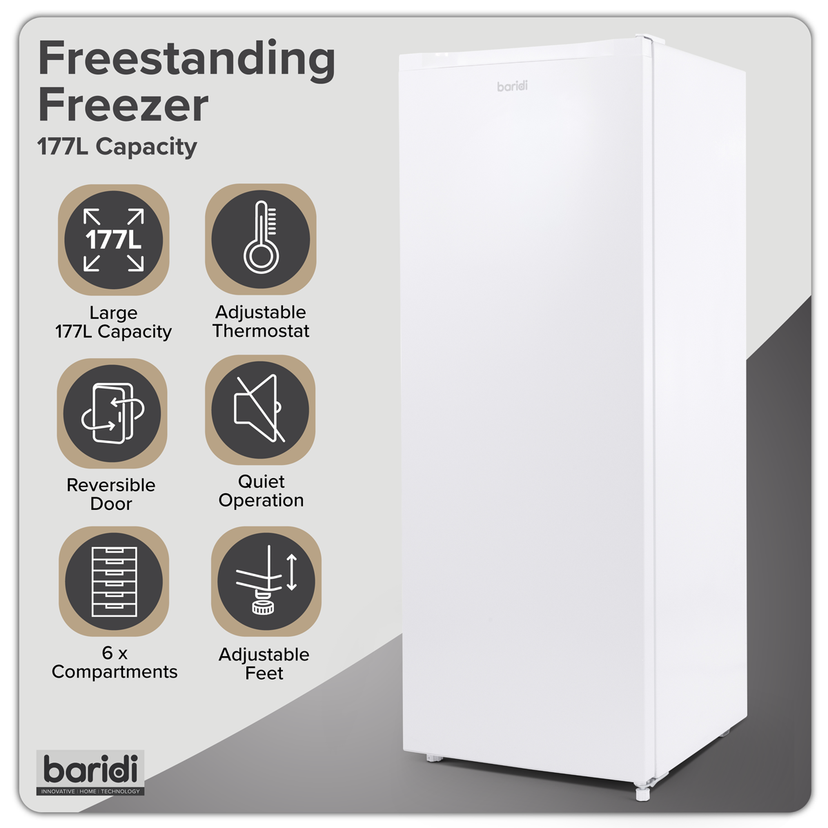 Baridi DH324 Freestanding Tall Freezer 177L Capacity - White - additional view 6