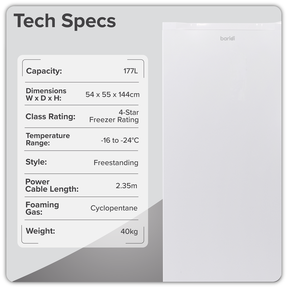 Baridi DH324 Freestanding Tall Freezer 177L Capacity - White - additional view 8