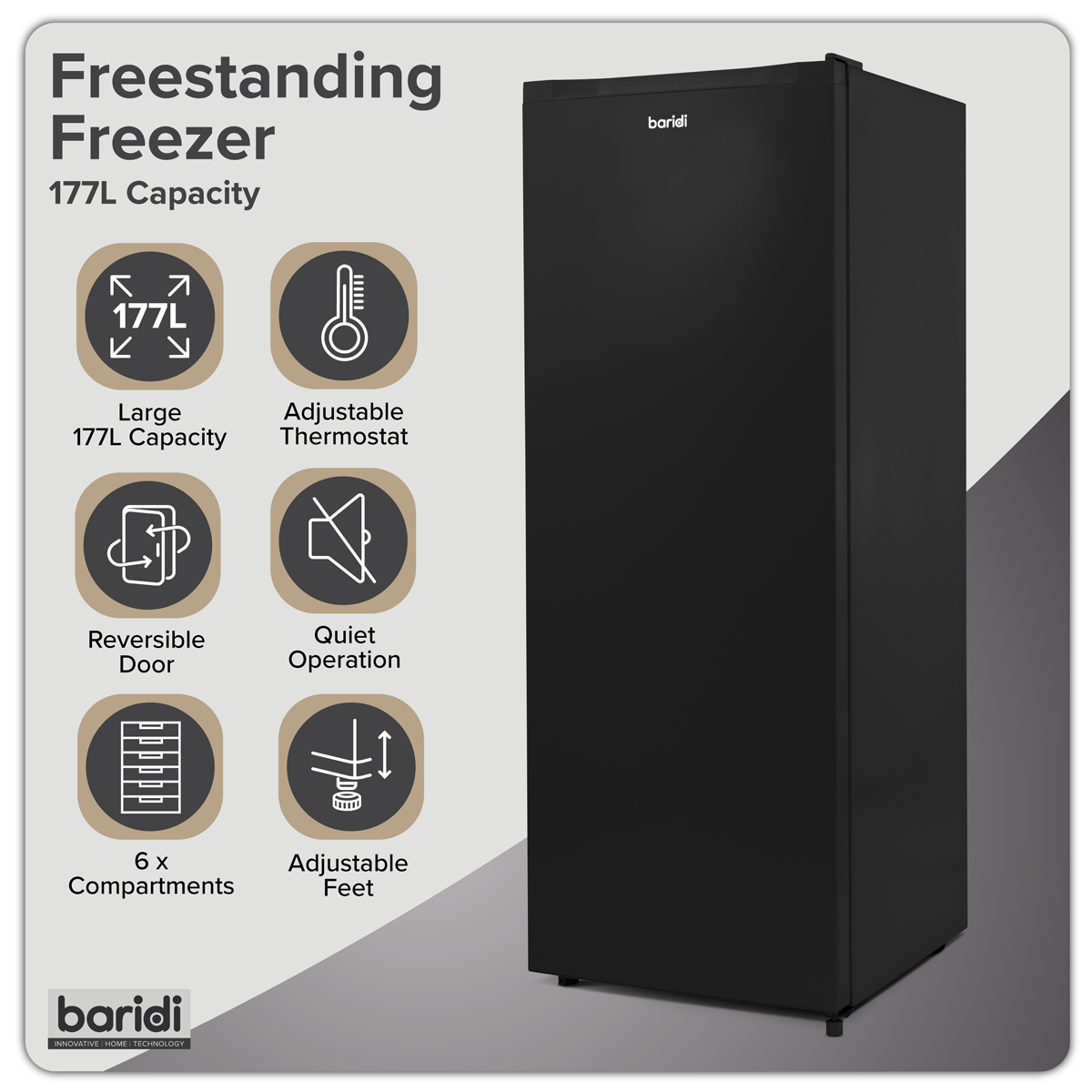 Baridi DH325 Freestanding Tall Freezer 177L Capacity - Black - additional view 17