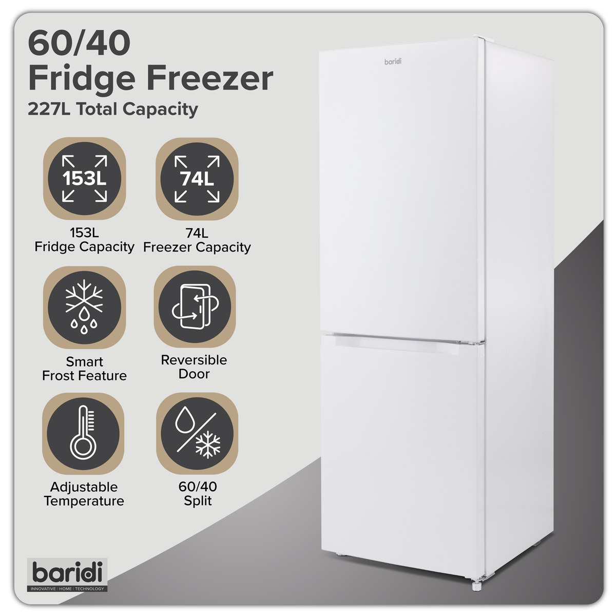 Baridi DH326 60/40 Smart Frost Fridge Freezer 227L Capacity - White - additional view 15