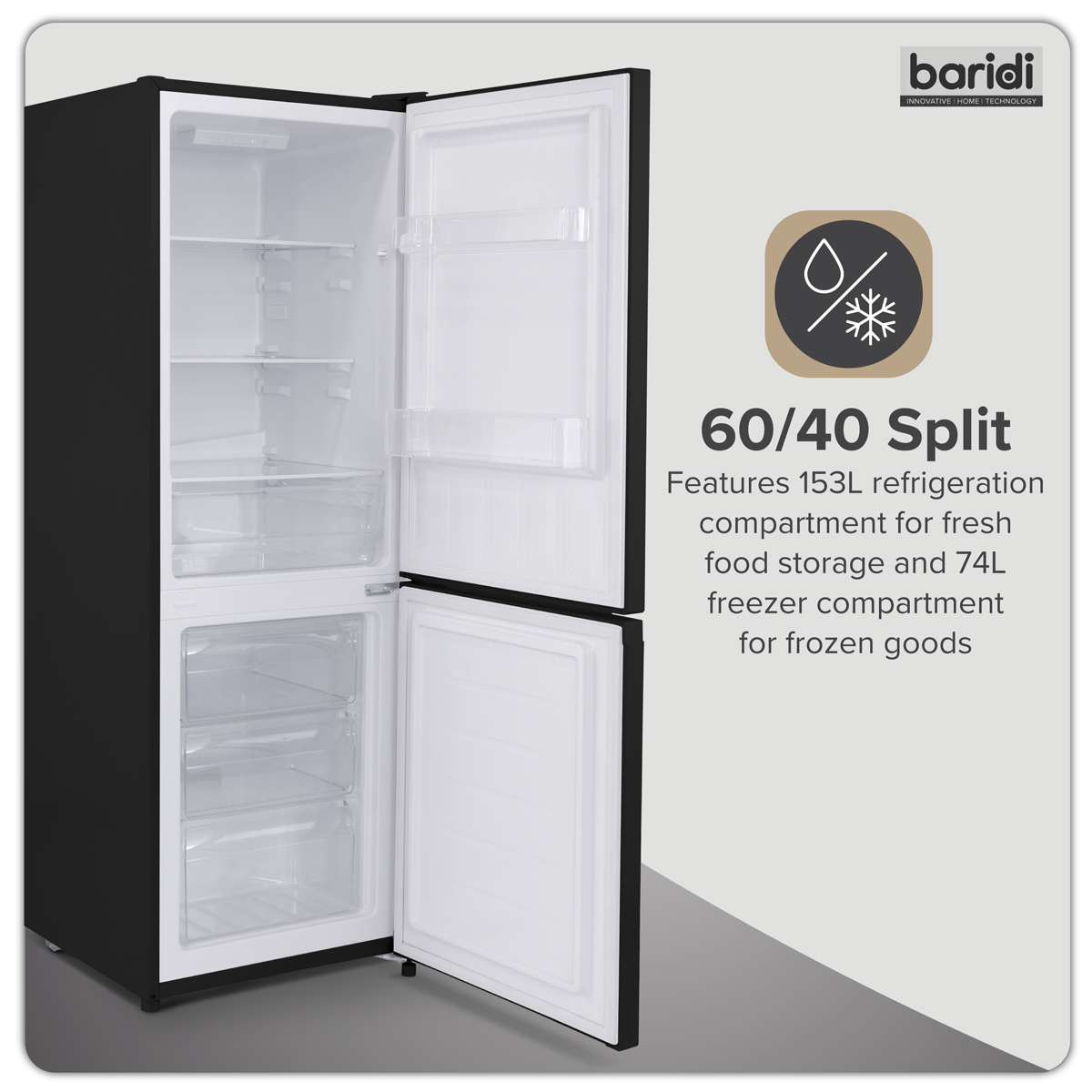 Baridi DH327 60/40 Smart Frost Fridge Freezer 227L Capacity - Black - additional view 5