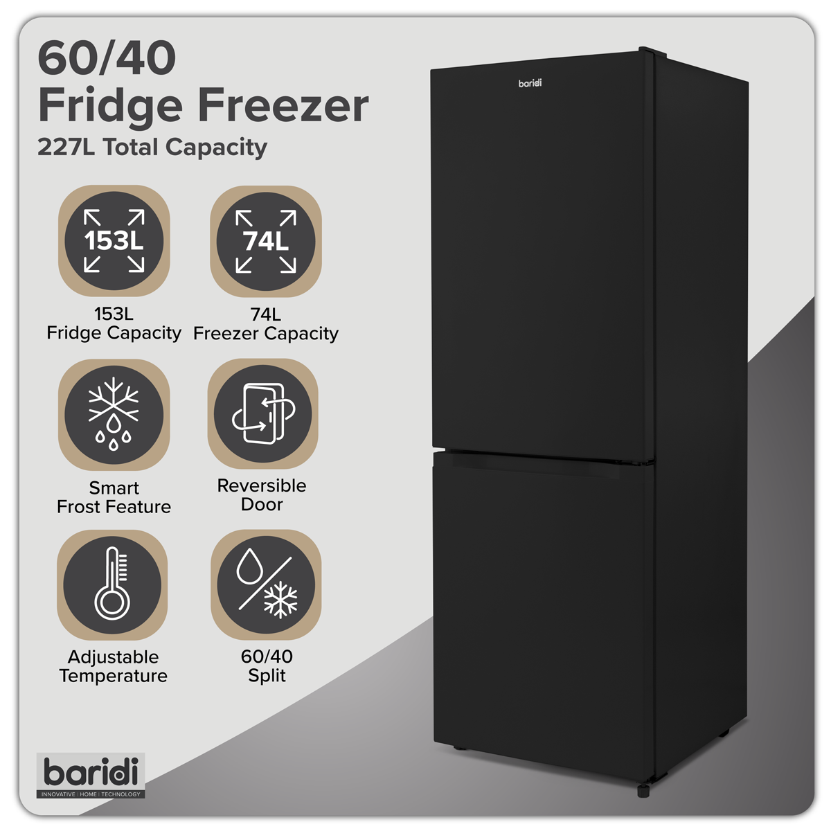 Baridi DH327 60/40 Smart Frost Fridge Freezer 227L Capacity - Black - additional view 7