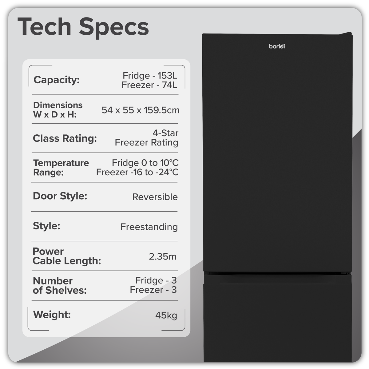 Baridi DH327 60/40 Smart Frost Fridge Freezer 227L Capacity - Black - additional view 8