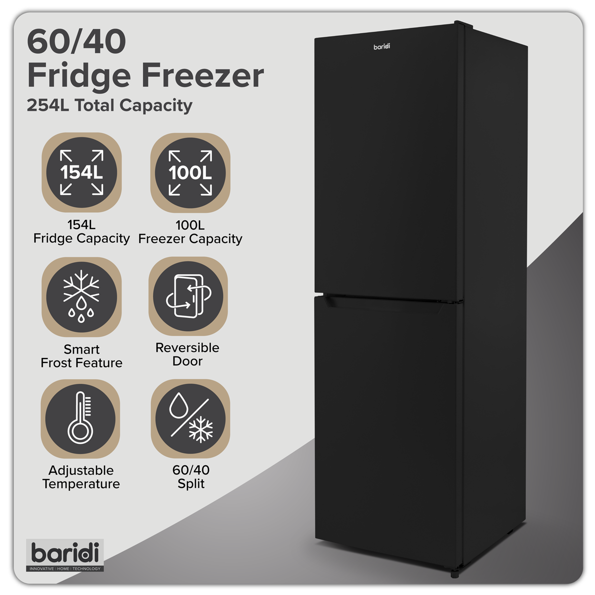 Baridi DH329 50/50 Smart Frost Fridge Freezer 254L Capacity - Black - additional view 17