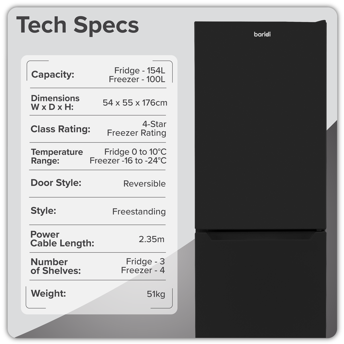 Baridi DH329 50/50 Smart Frost Fridge Freezer 254L Capacity - Black - additional view 15