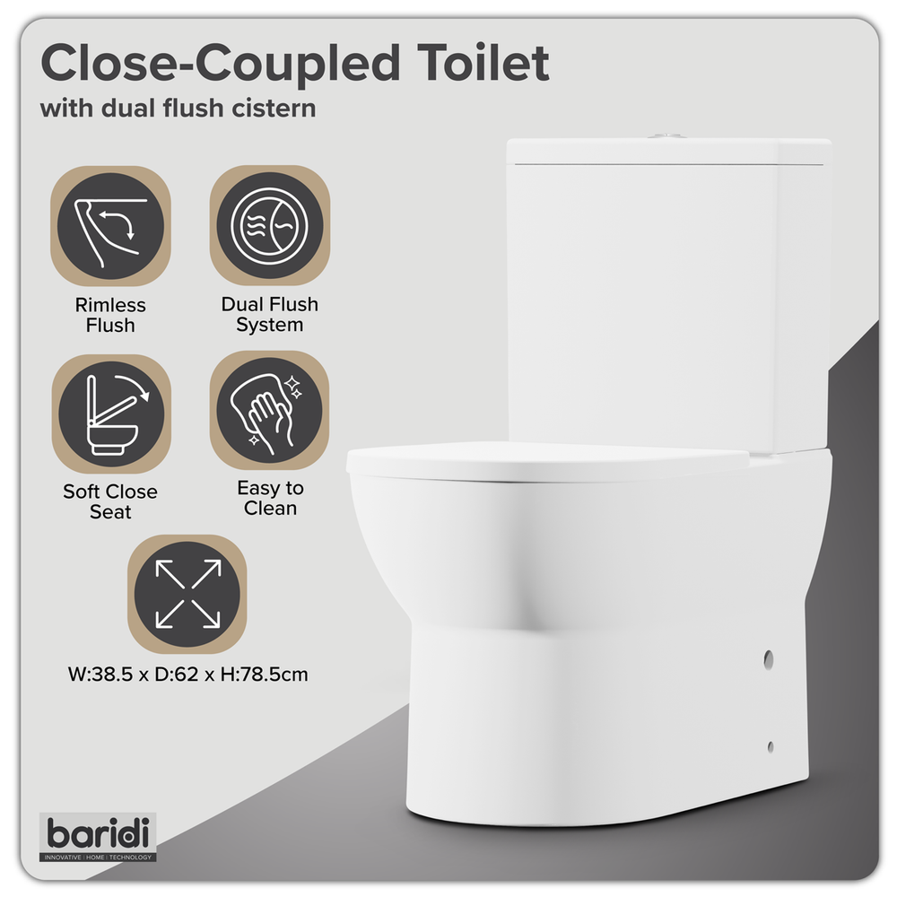 Baridi DH333 Close-Coupled Toilet with Soft Close Seat, Dual Flush Cistern & Rimless Flush - White - additional view 5