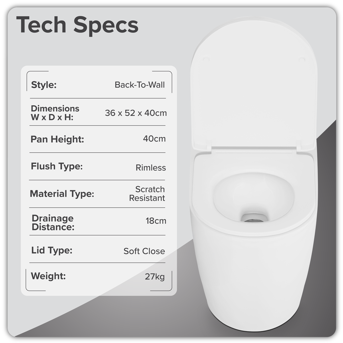 Baridi DH334 Back-to-Wall Toilet with Soft Close Seat & Rimless Flush - White - additional view 17