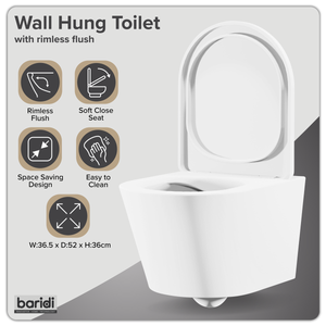 Baridi DH335 Wall Hung Toilet with Soft Close Seat & Rimless Flush - White - additional view 16