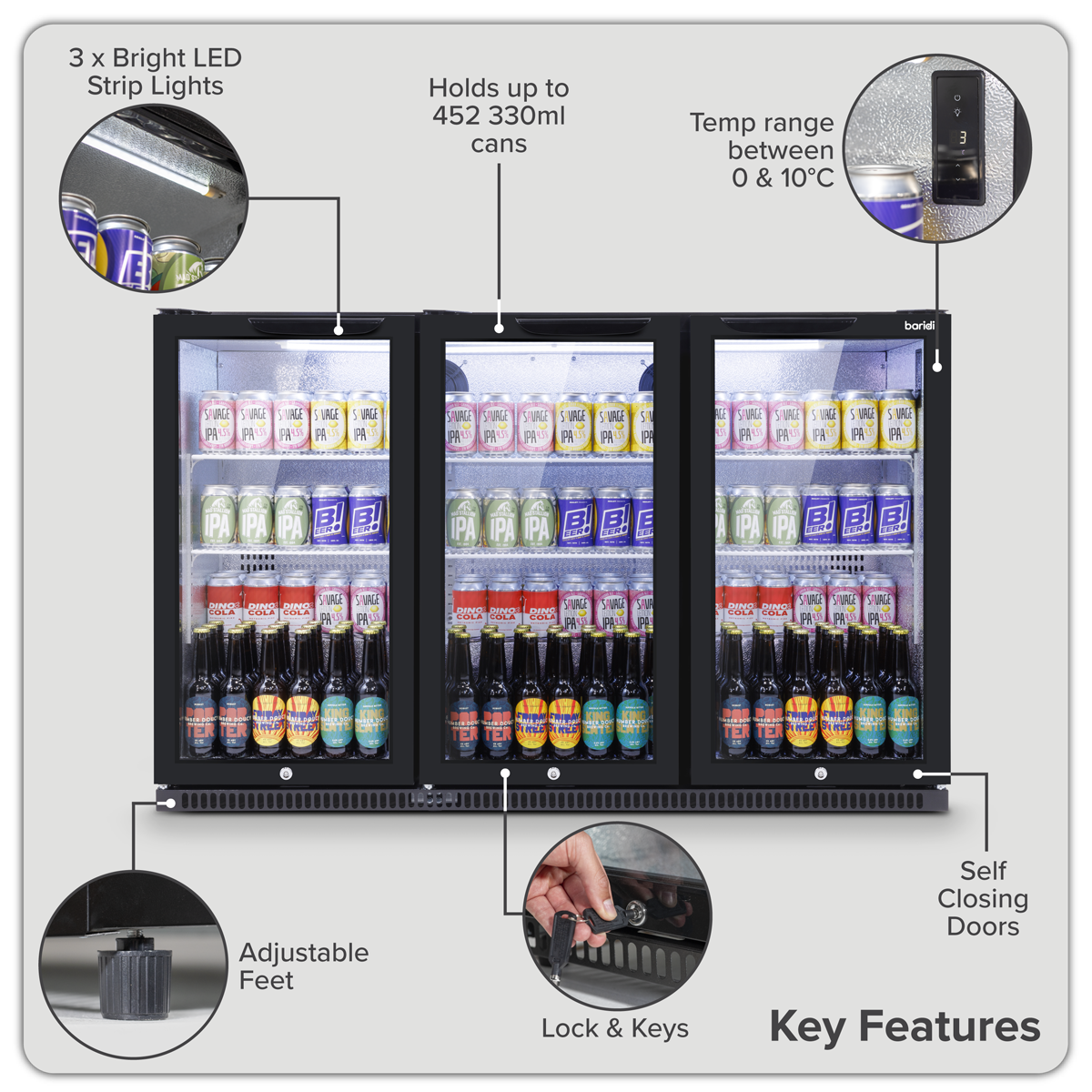 Baridi DH336 Back Bar Drinks Fridge/Cooler with Triple Hinged Door & Security Lock 307L - Black - additional view 15