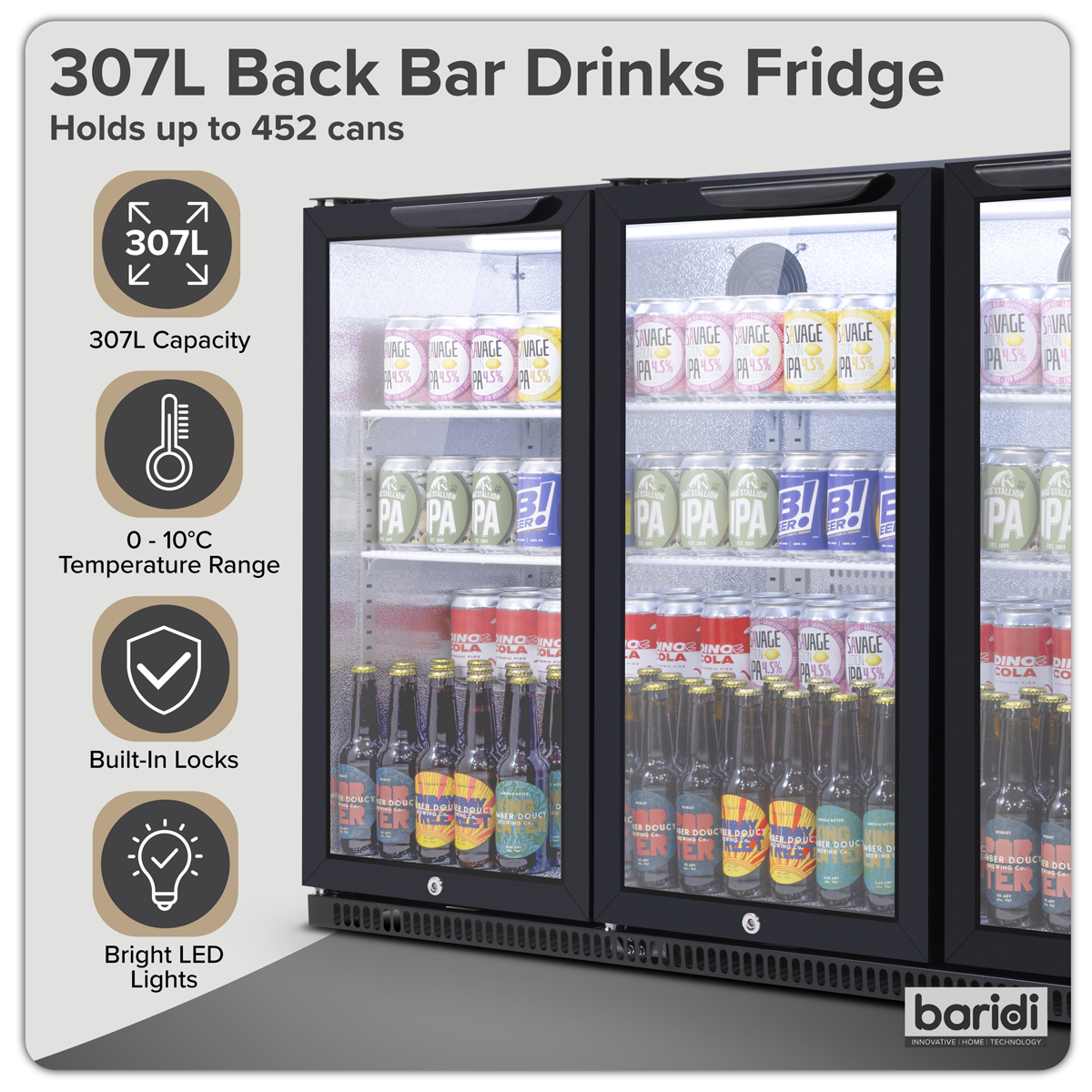Baridi DH336 Back Bar Drinks Fridge/Cooler with Triple Hinged Door & Security Lock 307L - Black - additional view 11