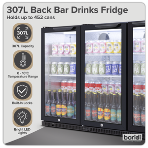 Baridi DH336 Back Bar Drinks Fridge/Cooler with Triple Hinged Door & Security Lock 307L - Black - additional view 11