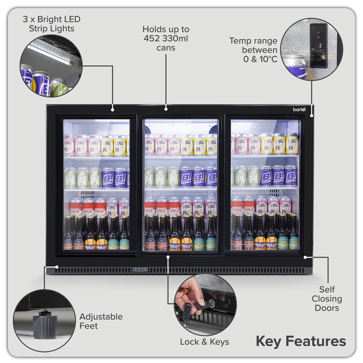 Baridi DH337 Back Bar Drinks Fridge/Cooler with Triple Sliding Door & Security Lock 307L - Black - additional view 9