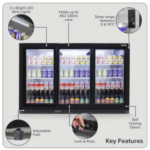Baridi DH337 Back Bar Drinks Fridge/Cooler with Triple Sliding Door & Security Lock 307L - Black - additional view 9