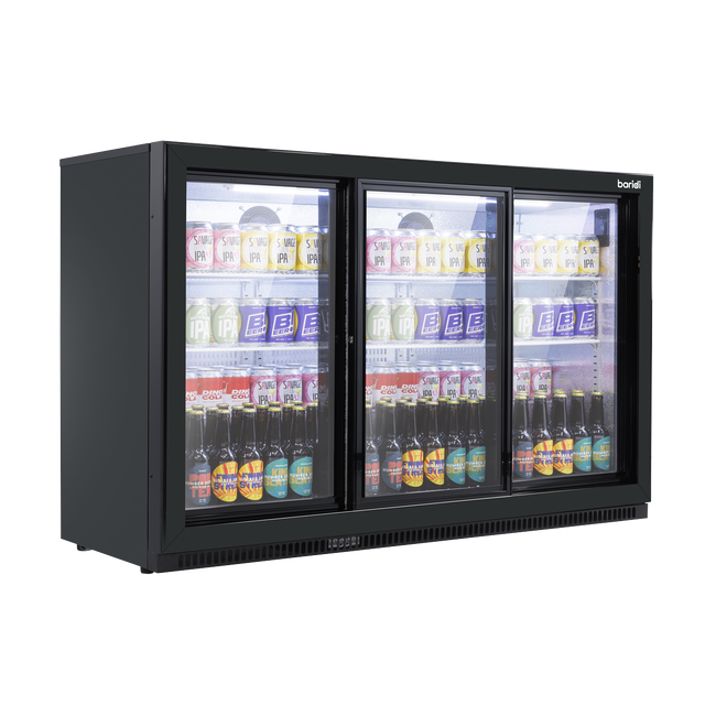 Baridi DH337 Back Bar Drinks Fridge/Cooler with Triple Sliding Door & Security Lock 307L - Black