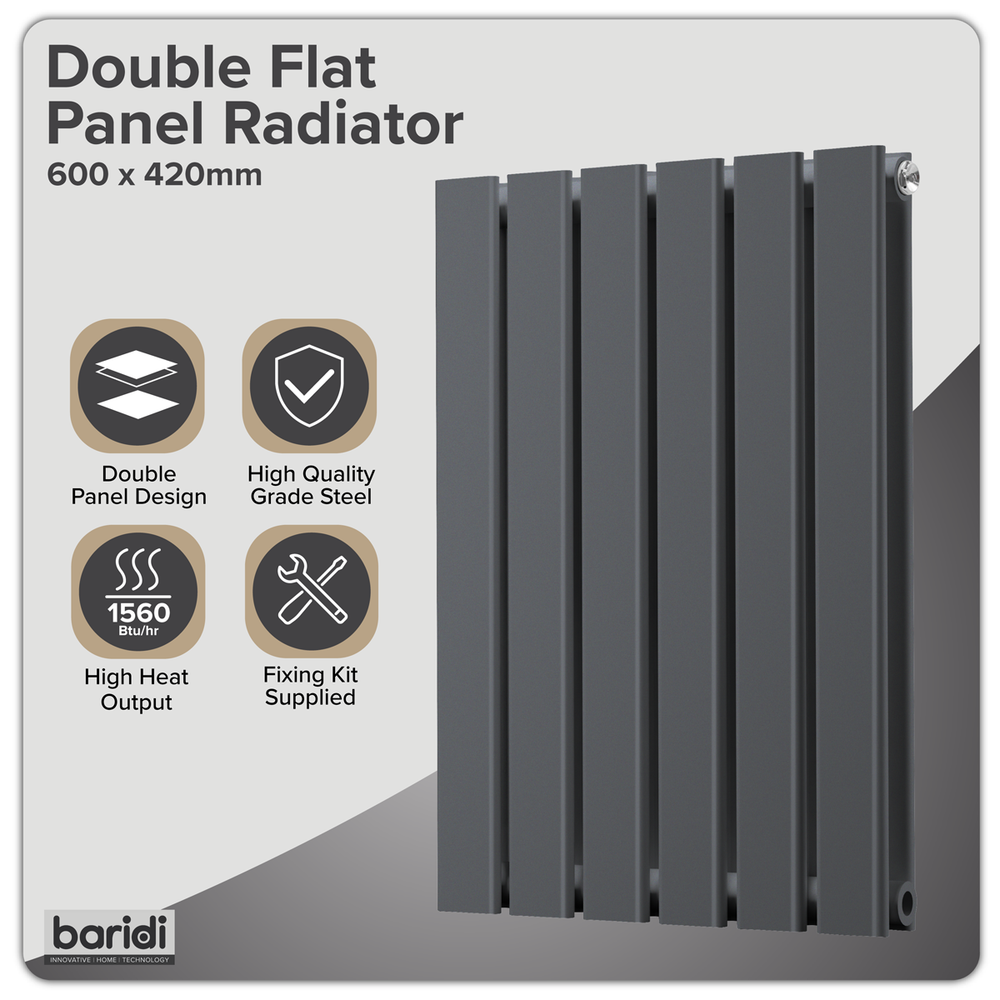 Baridi DH338 Horizontal Radiator Contemporary Double Flat Panel Design 420 x 600mm - Anthracite - additional view 3