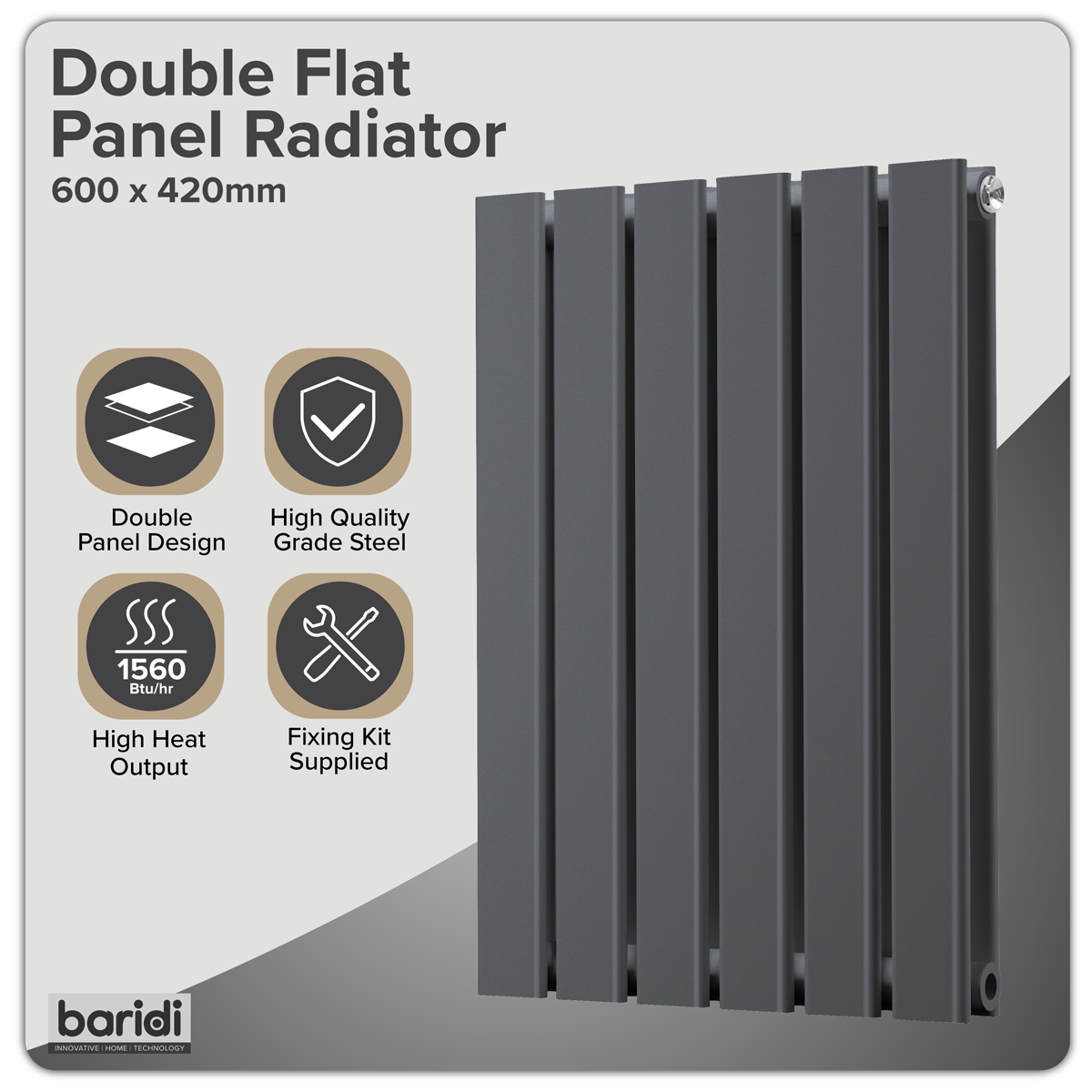 Baridi DH338 Horizontal Radiator Contemporary Double Flat Panel Design 420 x 600mm - Anthracite - additional view 3