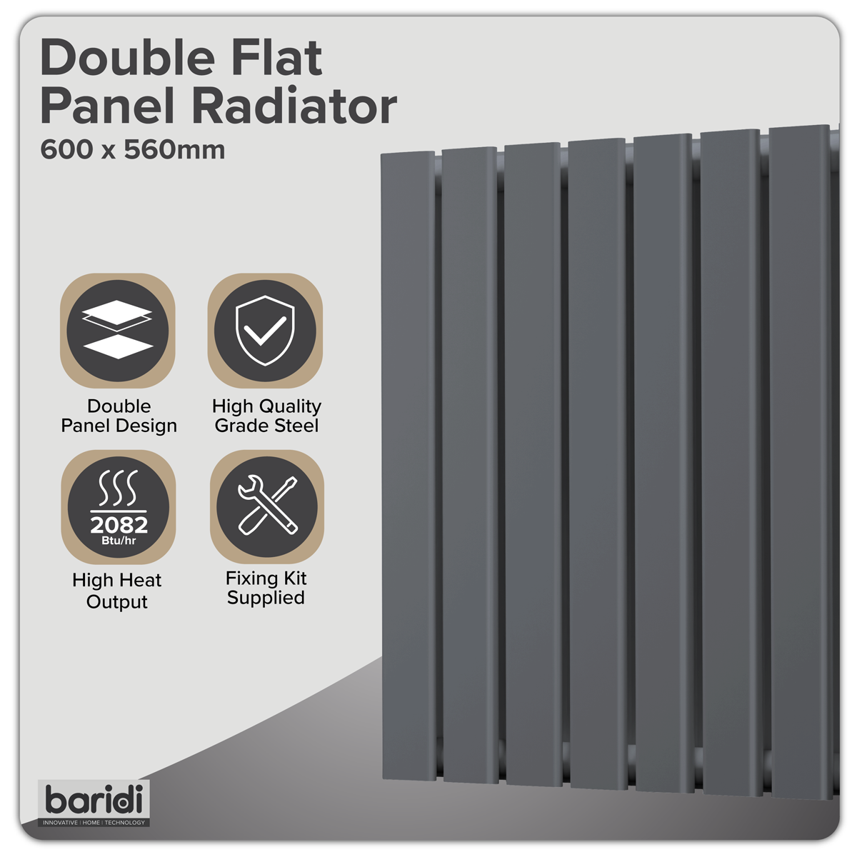 Baridi DH339 Horizontal Radiator Contemporary Double Flat Panel Design 600 x 560mm - Anthracite - additional view 9