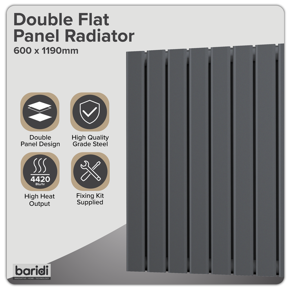 Baridi DH342 Horizontal Radiator Contemporary Double Flat Panel Design 600 x 1190mm - Anthracite - additional view 9