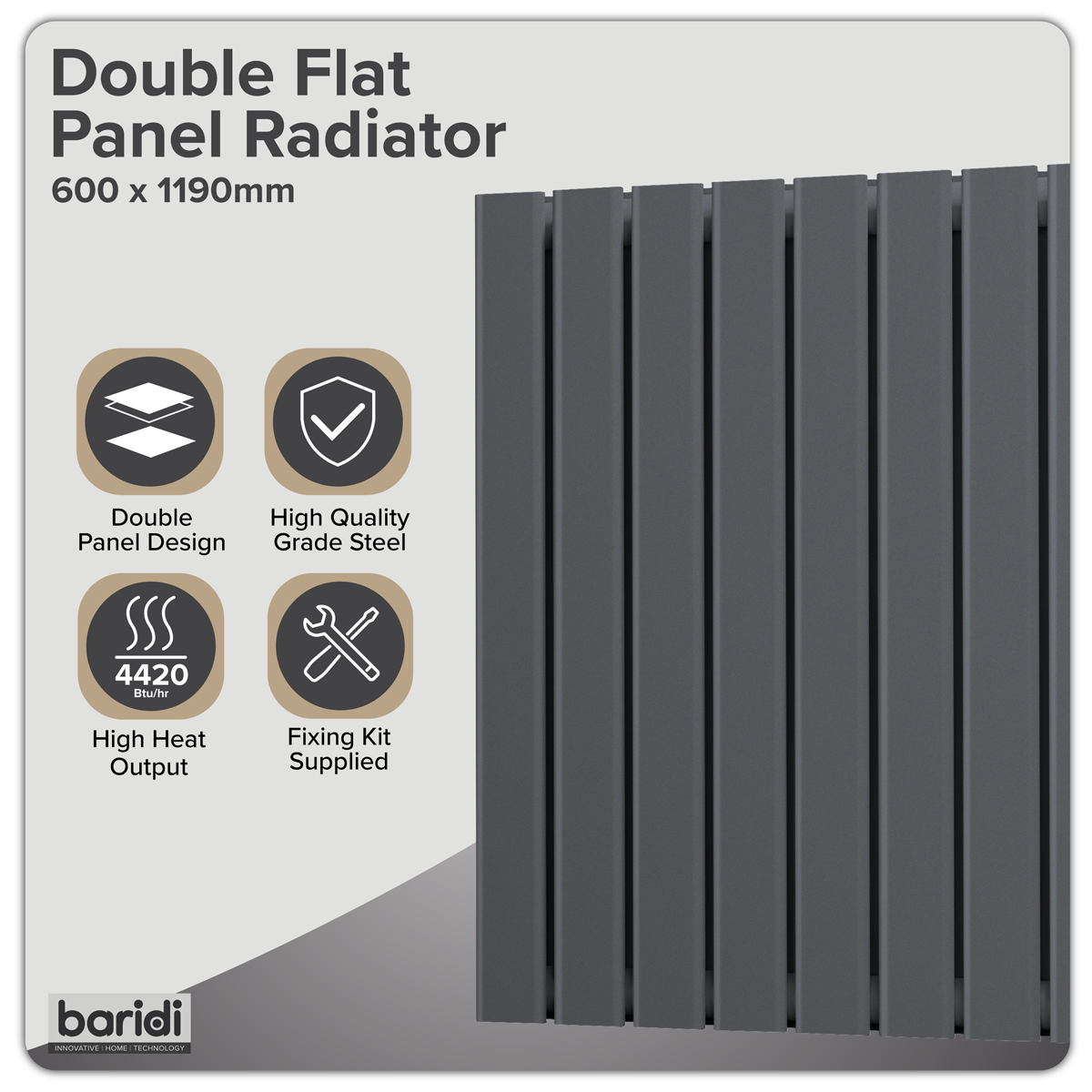 Baridi DH342 Horizontal Radiator Contemporary Double Flat Panel Design 600 x 1190mm - Anthracite - additional view 9