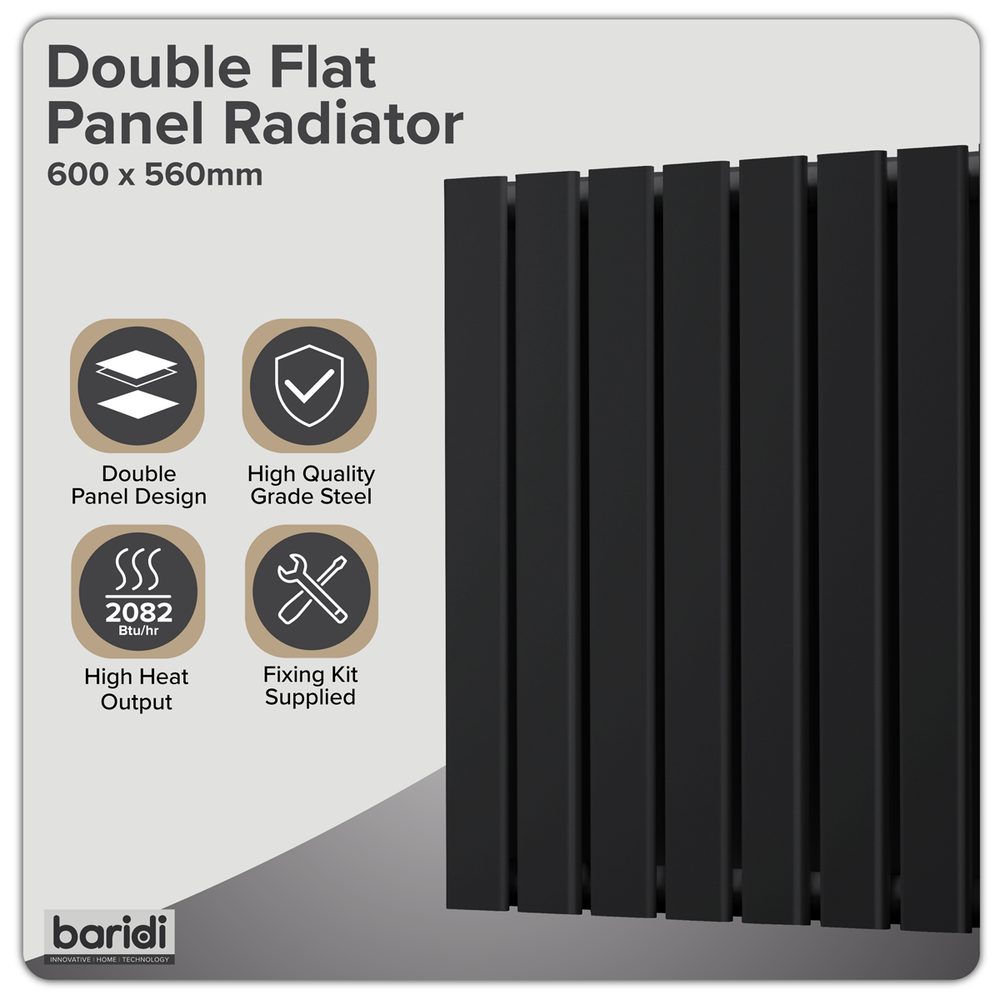 Baridi DH344 Horizontal Radiator Contemporary Double Flat Panel Design 600 x 560mm - Black - additional view 7