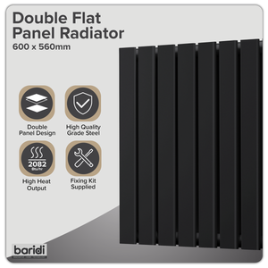 Baridi DH344 Horizontal Radiator Contemporary Double Flat Panel Design 600 x 560mm - Black - additional view 7
