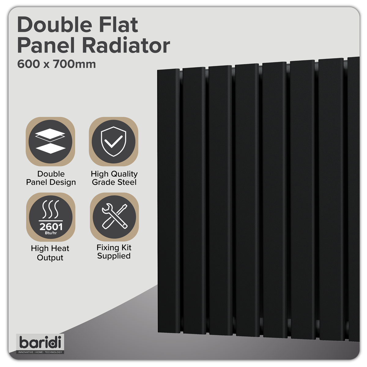 Baridi DH345 Horizontal Radiator Contemporary Double Flat Panel Design 600 x 700mm - Black - additional view 9