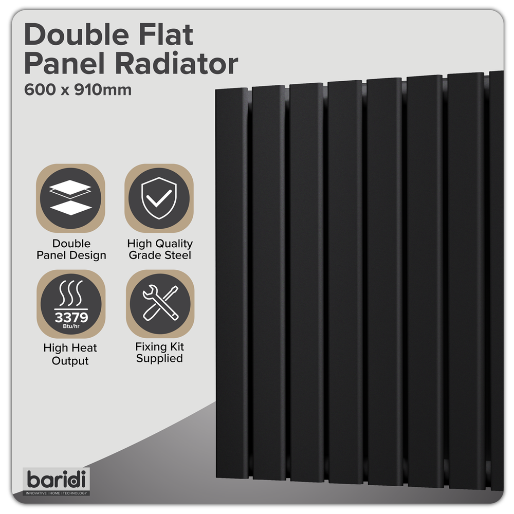 Baridi DH346 Horizontal Radiator Contemporary Double Flat Panel Design 600 x 910mm - Black - additional view 8