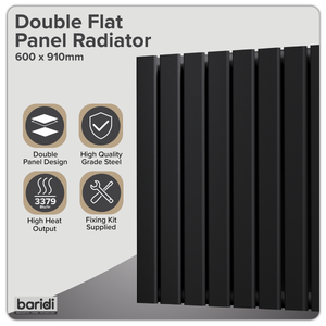 Baridi DH346 Horizontal Radiator Contemporary Double Flat Panel Design 600 x 910mm - Black - additional view 8