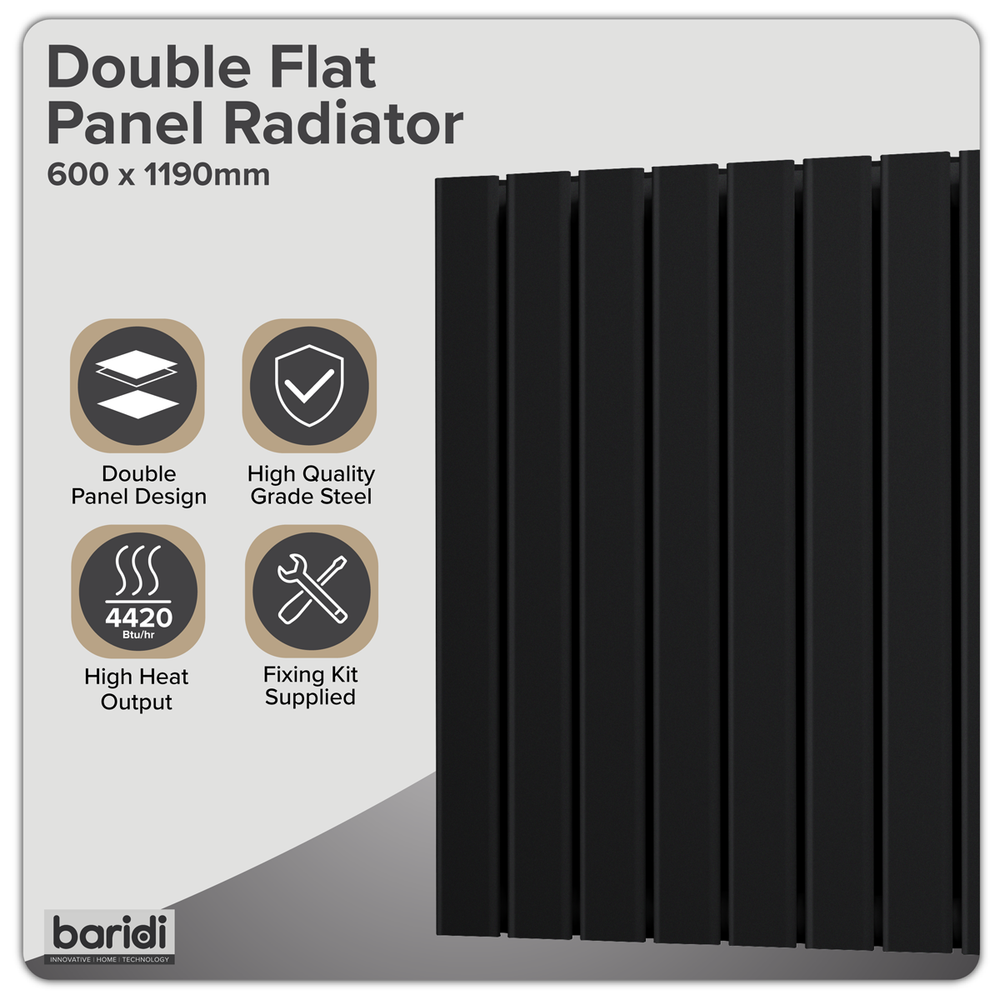 Baridi DH347 Horizontal Radiator Contemporary Double Flat Panel Design 600 x 1190mm - Black - additional view 4