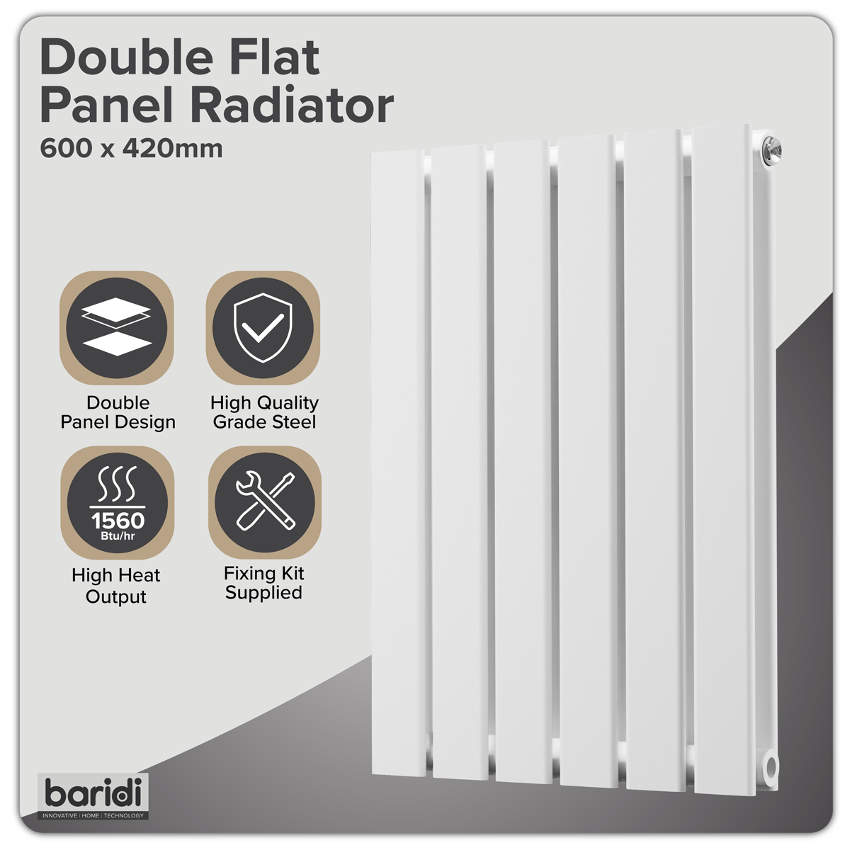 Baridi DH348 Horizontal Radiator Contemporary Double Flat Panel Design 600 x 420mm - White - additional view 4