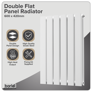 Baridi DH348 Horizontal Radiator Contemporary Double Flat Panel Design 600 x 420mm - White - additional view 4