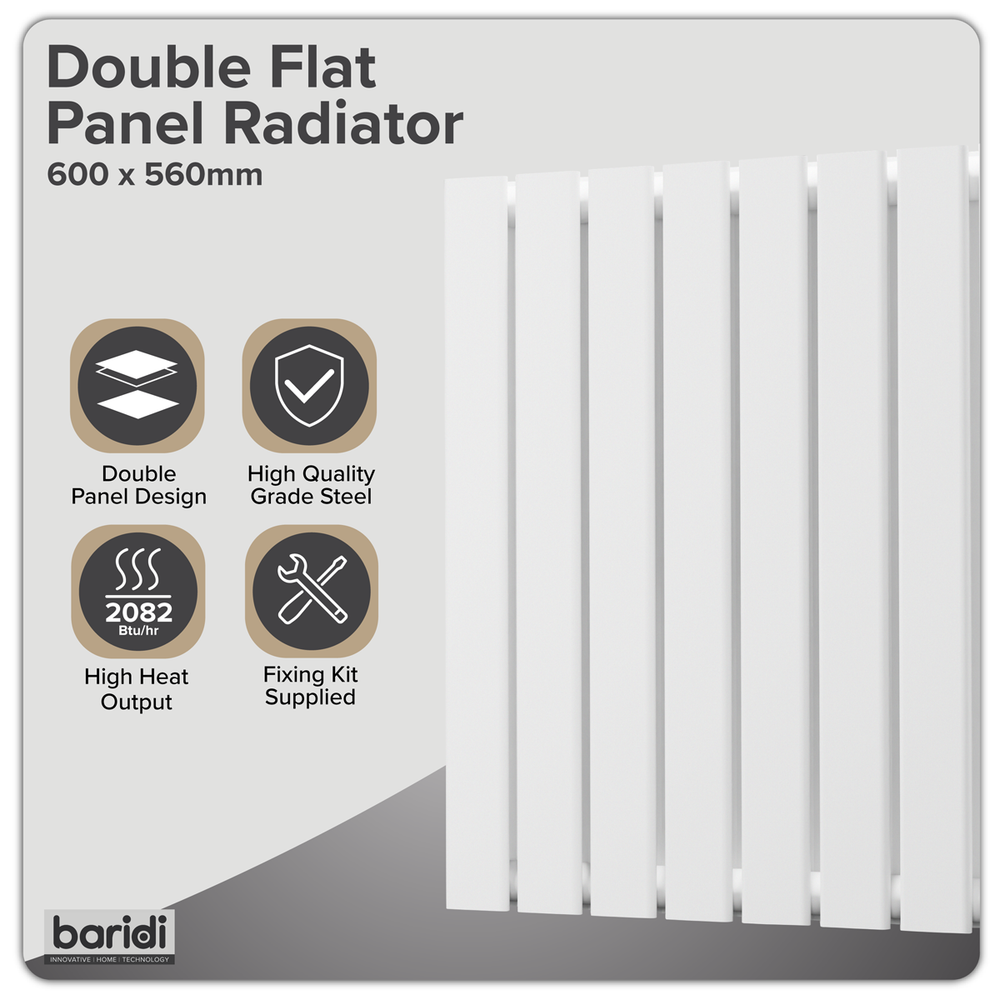 Baridi DH349 Horizontal Radiator Contemporary Double Flat Panel Design 600 x 560mm - White - additional view 8