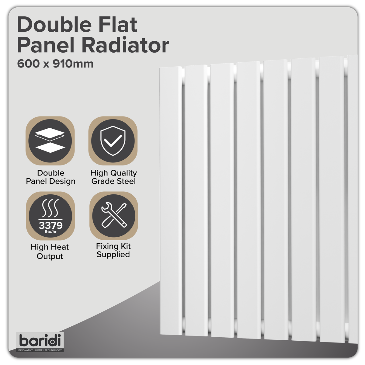 Baridi DH351 Horizontal Radiator Contemporary Double Flat Panel Design 600 x 910mm - White - additional view 8