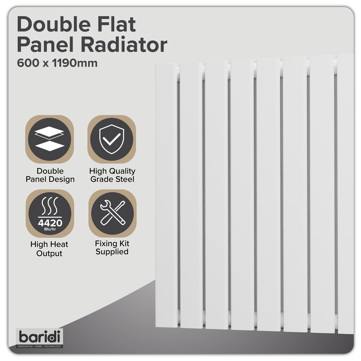 Baridi DH352 Horizontal Radiator Contemporary Double Flat Panel Design 600 x 1190mm - White - additional view 3