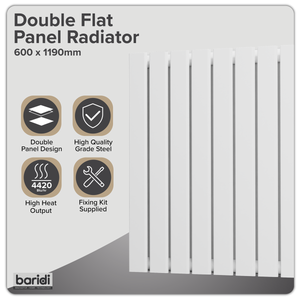 Baridi DH352 Horizontal Radiator Contemporary Double Flat Panel Design 600 x 1190mm - White - additional view 3