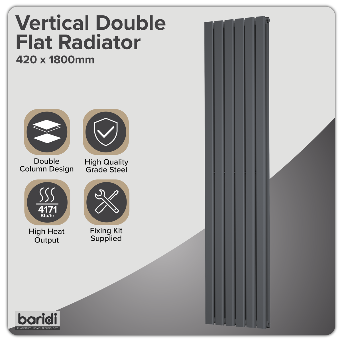 Baridi DH353 Vertical Radiator Contemporary Double Flat Panel Design 420 x 1800mm - Anthracite - additional view 4