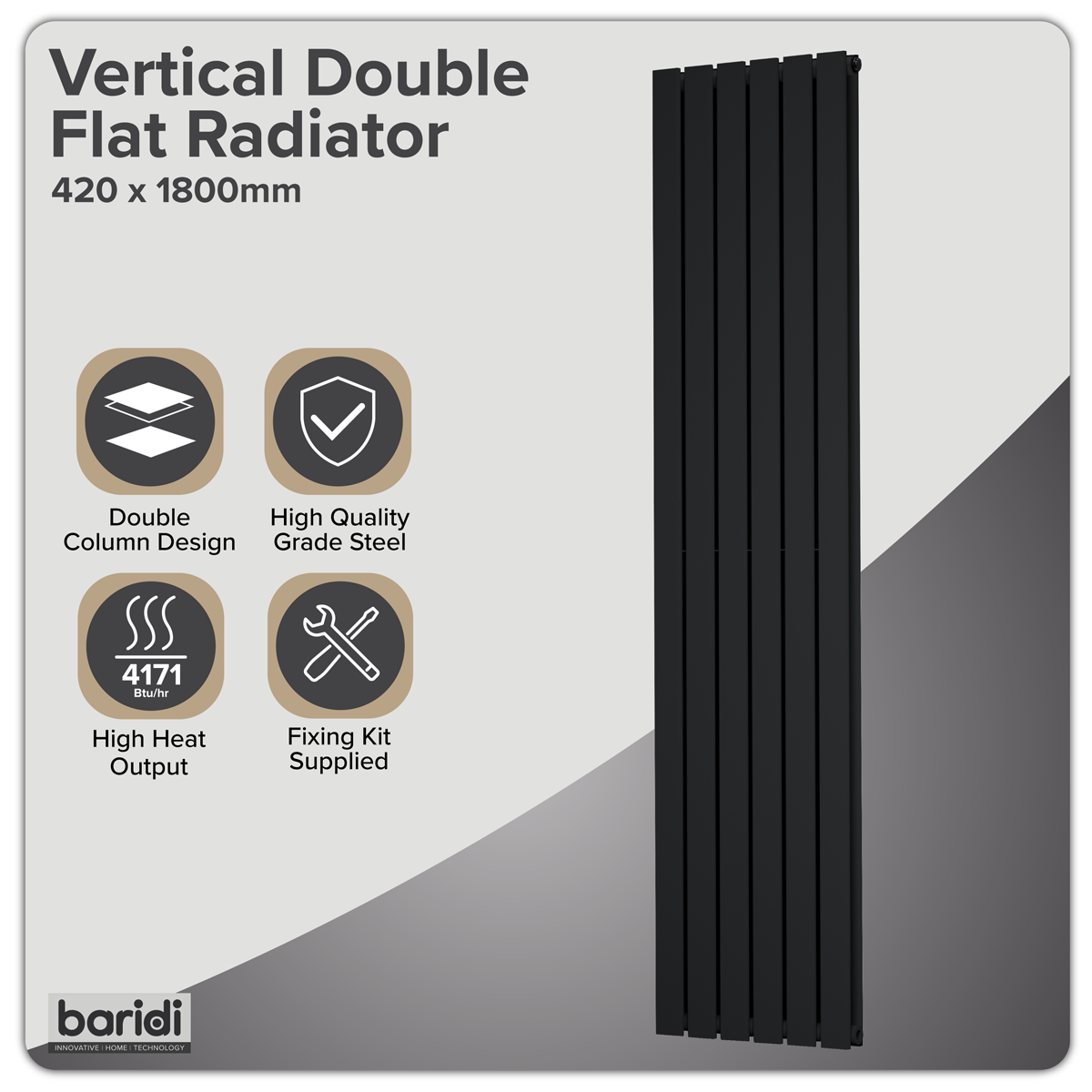 Baridi DH354 Vertical Radiator Contemporary Double Flat Panel Design 420 x 1800mm - Black - additional view 4