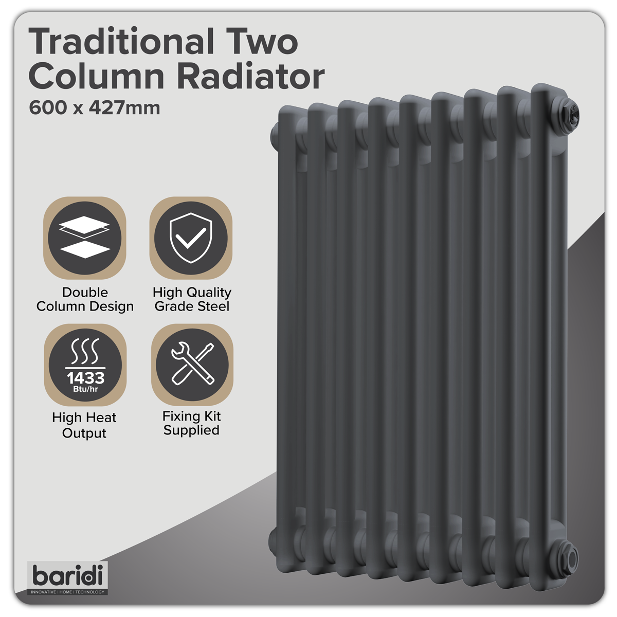 Baridi DH352 Horizontal Radiator Contemporary Double Flat Panel Design 600 x 1190mm - White - additional view 5