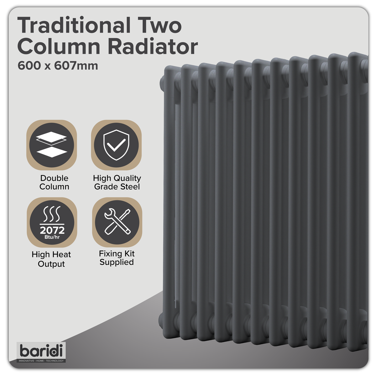 Baridi DH357 Horizontal Traditional 2 Column Radiator 600 x 607mm - Anthracite - additional view 10