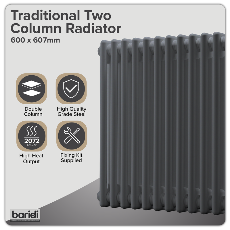 Baridi DH357 Horizontal Traditional 2 Column Radiator 600 x 607mm - Anthracite - additional view 10