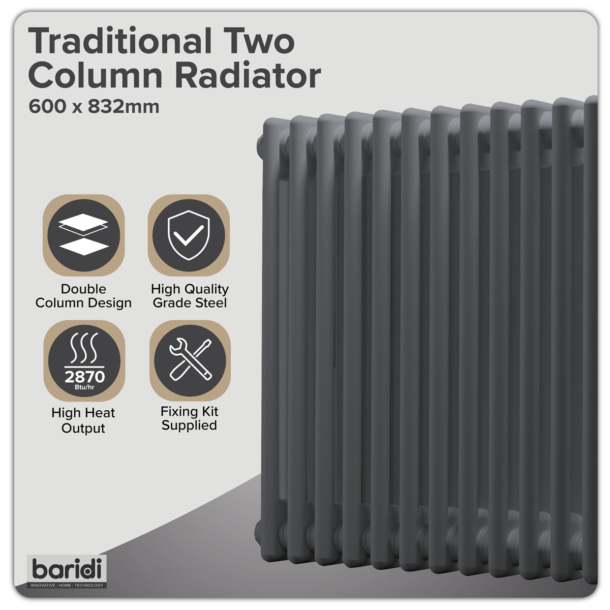 Baridi DH358 Horizontal Traditional 2 Column Radiator 600 x 832mm - Anthracite - additional view 3