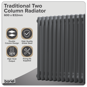 Baridi DH358 Horizontal Traditional 2 Column Radiator 600 x 832mm - Anthracite - additional view 3