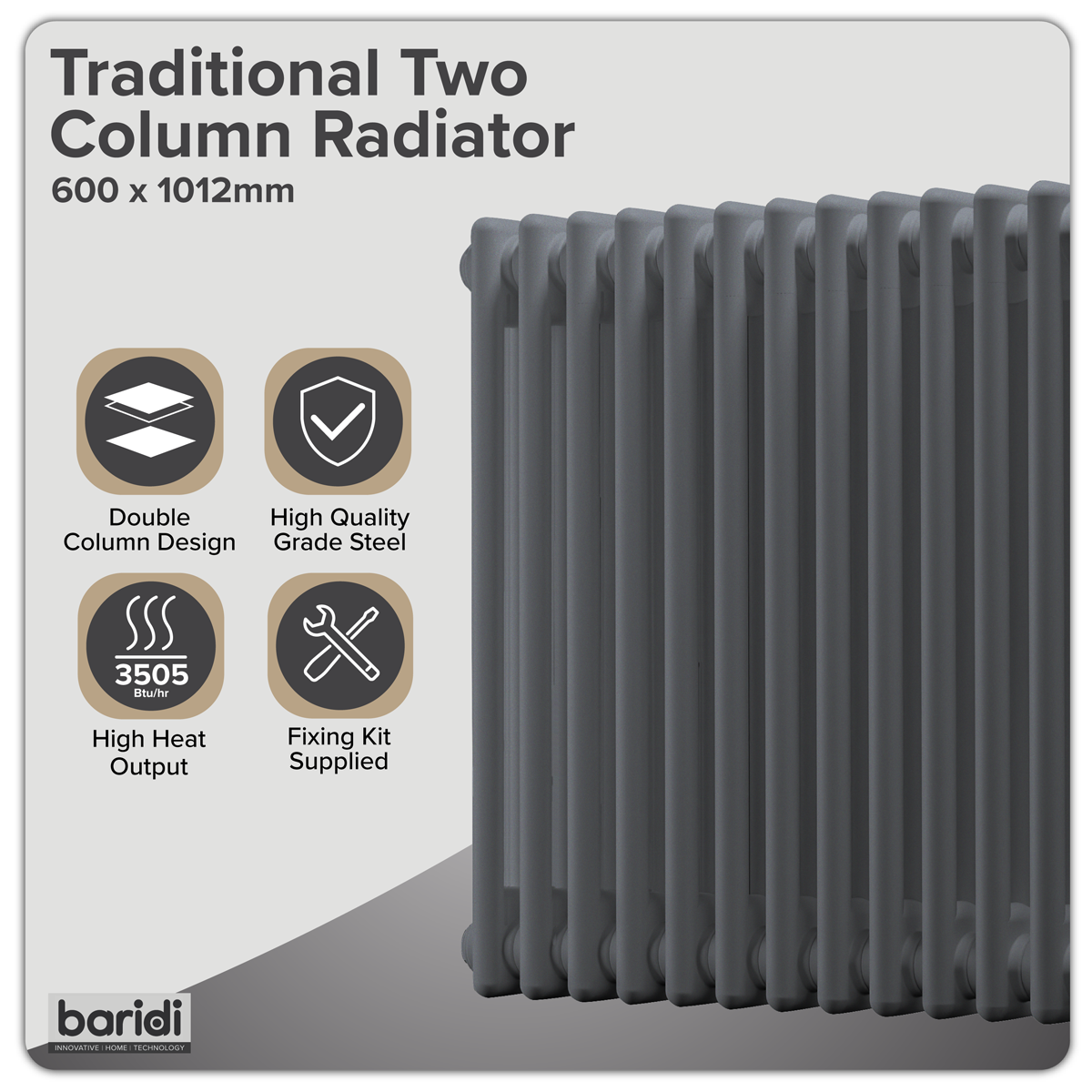 Baridi DH359 Horizontal Traditional 2 Column Radiator 600 x 1012mm - Anthracite - additional view 2