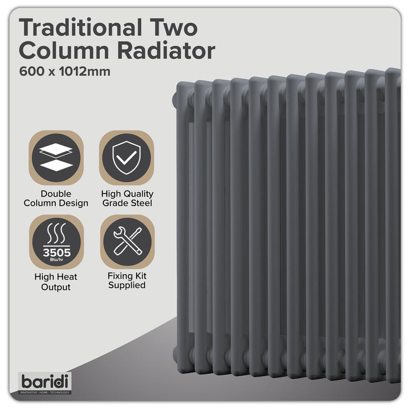 Baridi DH359 Horizontal Traditional 2 Column Radiator 600 x 1012mm - Anthracite - additional view 2