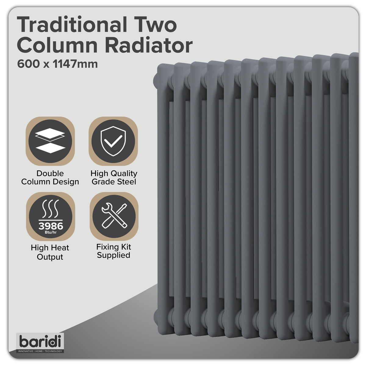 Baridi DH360 Horizontal Traditional 2 Column Radiator 600 x 1147mm - Anthracite - additional view 10