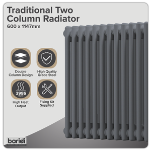 Baridi DH360 Horizontal Traditional 2 Column Radiator 600 x 1147mm - Anthracite - additional view 10