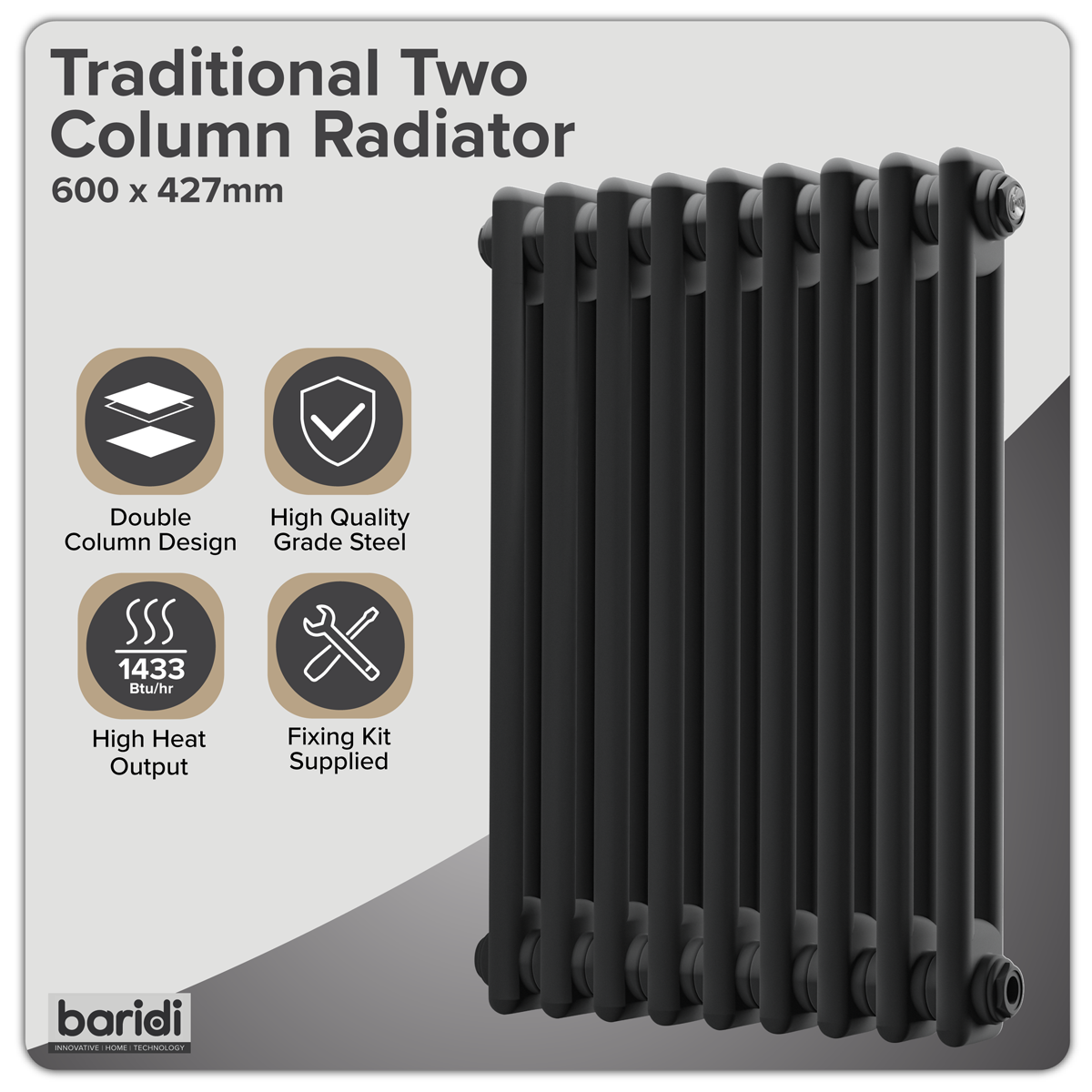 Baridi DH361 Horizontal Traditional 2 Column Radiator 600 x 427mm - Black - additional view 8