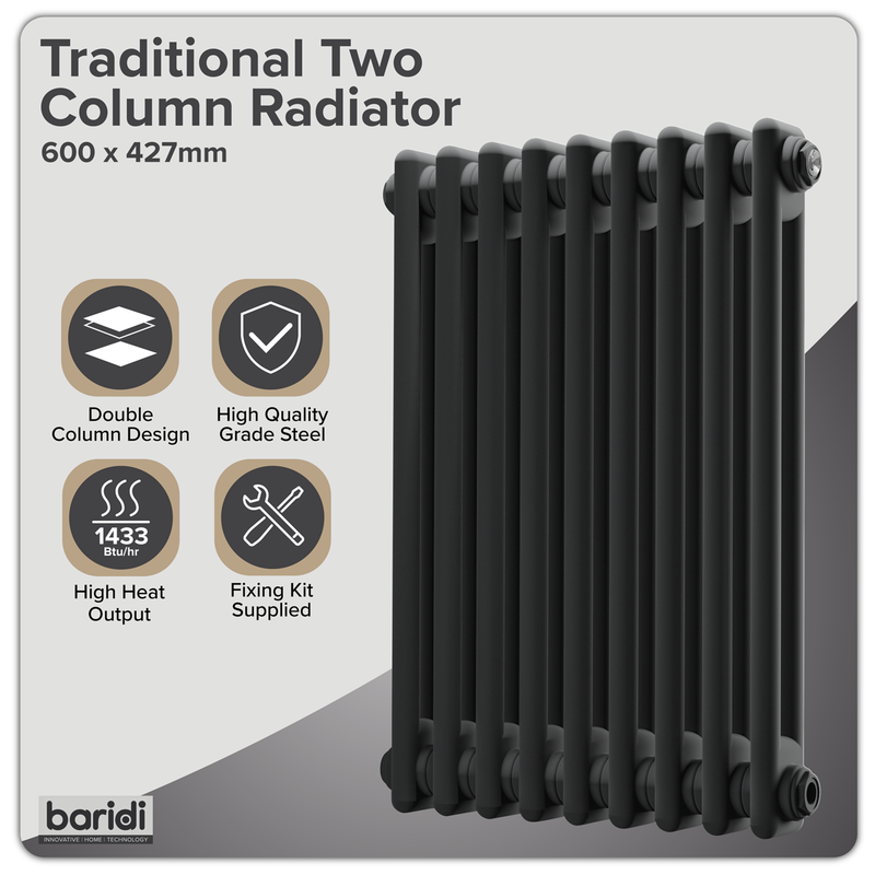 Baridi DH361 Horizontal Traditional 2 Column Radiator 600 x 427mm - Black - additional view 8